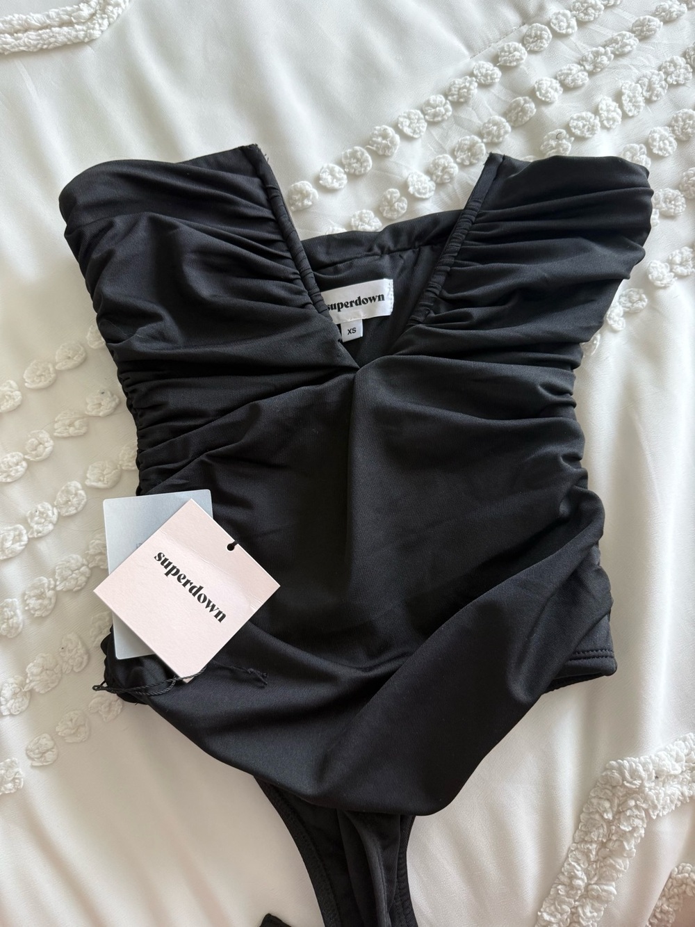 Superdown Black Ruched V-Neck Bodysuit